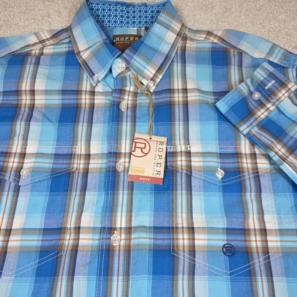 Roper Western Button Down Shirt Mens LT Blue Plaid Long Sleeve cowboy rodeo